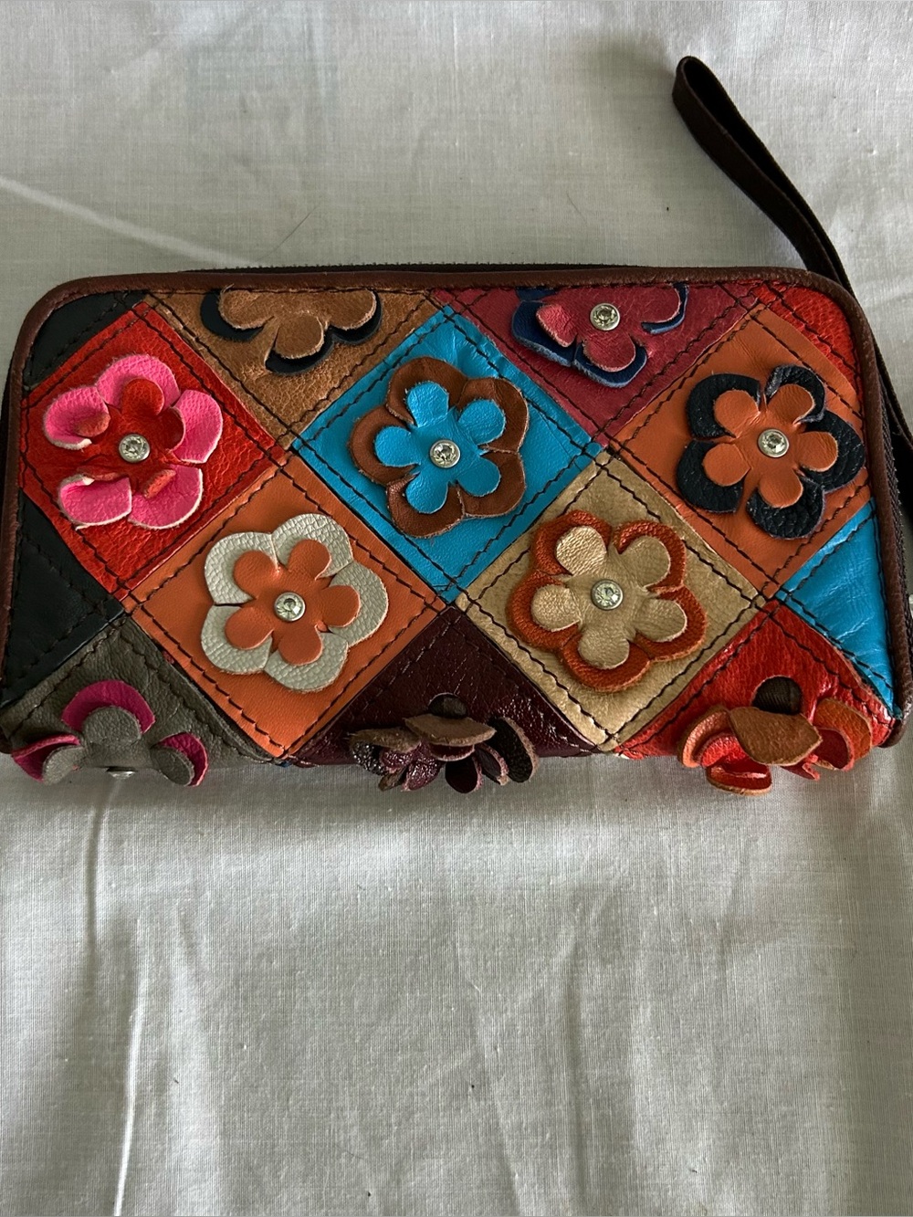 3D Flower Patchwork Genuine Leather Wristlet Wallet Zip Around Clutch Multi